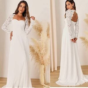 Lulus Promised Forever White Lace Long Sleeve Backless Maxi Dress, Size S, NWT